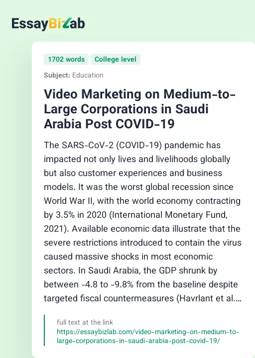 Video Marketing on Medium-to-Large Corporations in Saudi Arabia Post COVID-19 - Essay Preview