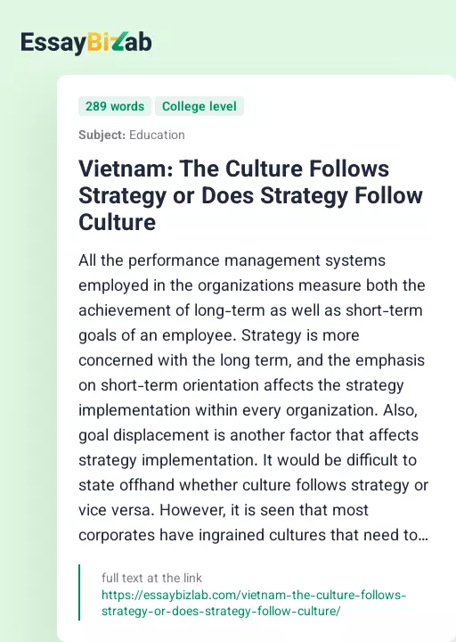 Vietnam: The Culture Follows Strategy or Does Strategy Follow Culture - Essay Preview