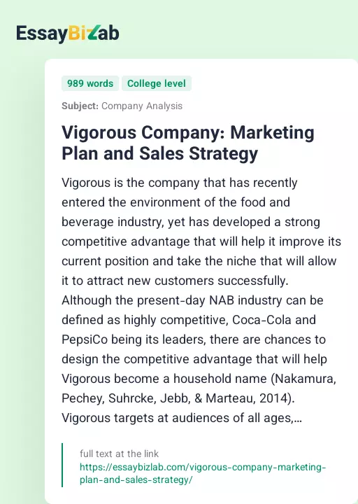 Vigorous Company: Marketing Plan and Sales Strategy - Essay Preview