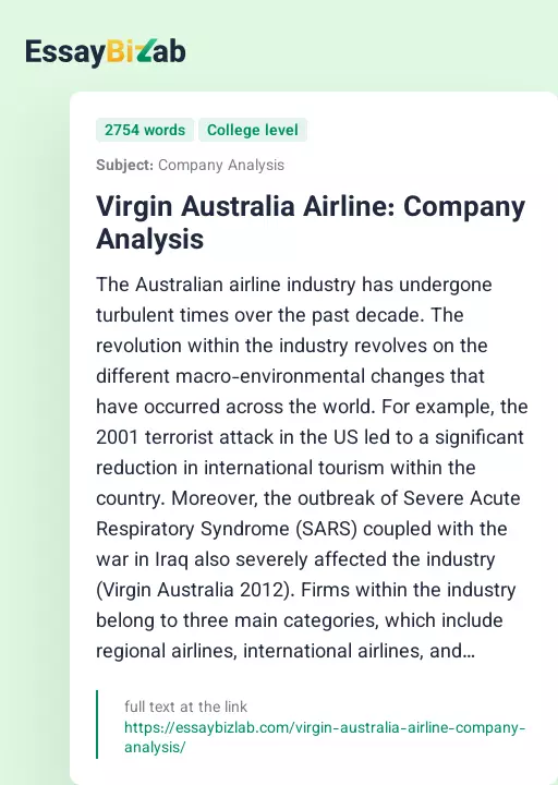 Virgin Australia Airline: Company Analysis - Essay Preview