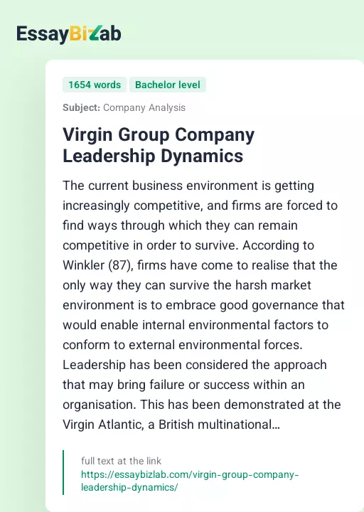 Virgin Group Company Leadership Dynamics - Essay Preview