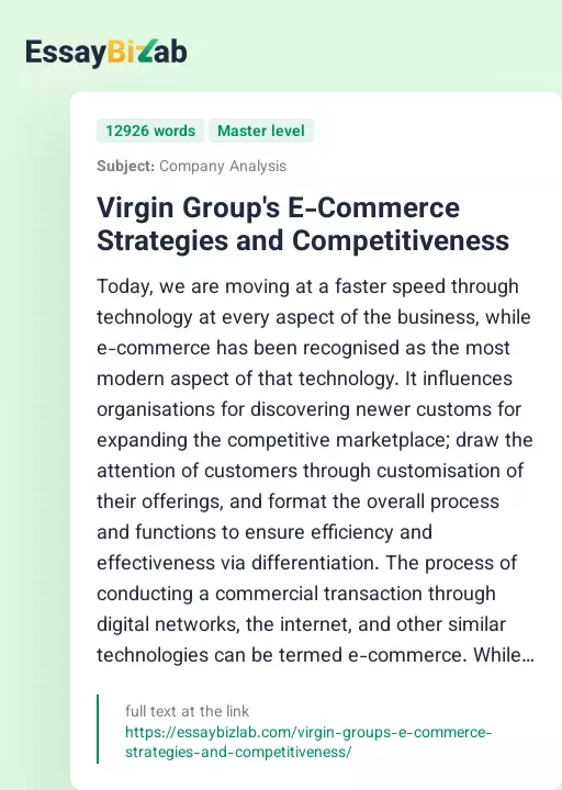 Virgin Group's E-Commerce Strategies and Competitiveness - Essay Preview