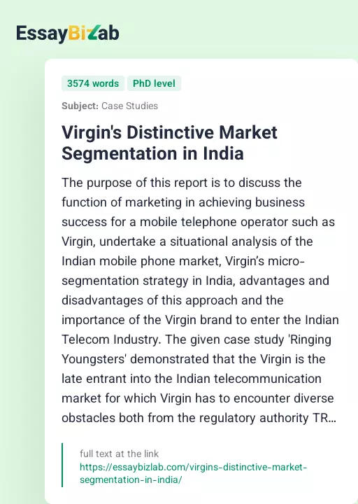Virgin's Distinctive Market Segmentation in India - Essay Preview