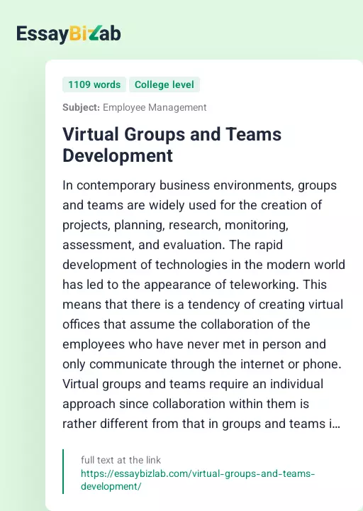 Virtual Groups and Teams Development - Essay Preview
