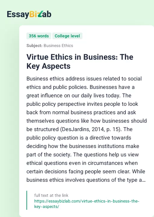 Virtue Ethics in Business: The Key Aspects - Essay Preview