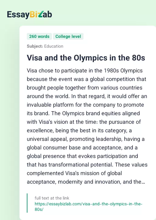 Visa and the Olympics in the 80s - Essay Preview