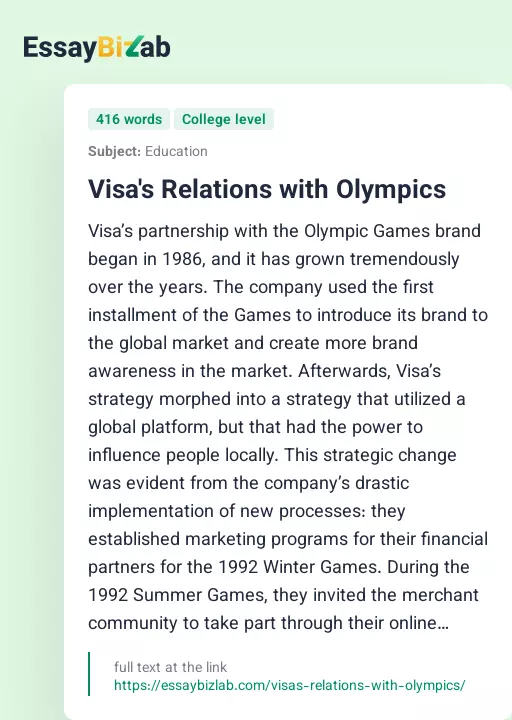 Visa's Relations with Olympics - Essay Preview
