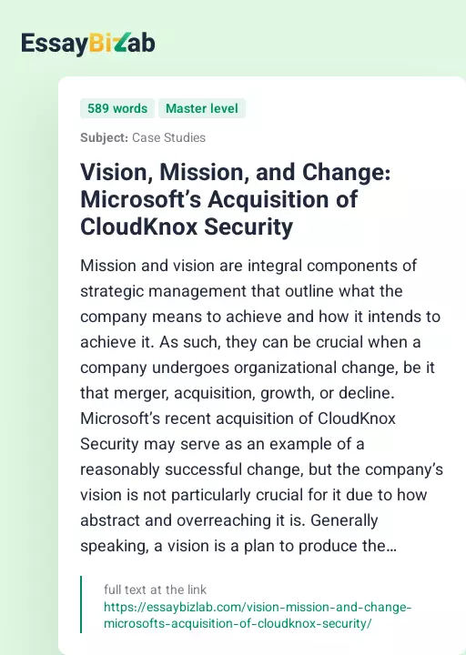 Vision, Mission, and Change: Microsoft’s Acquisition of CloudKnox Security - Essay Preview