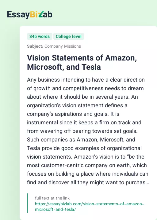 Vision Statements of Amazon, Microsoft, and Tesla - Essay Preview