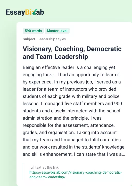 Visionary, Coaching, Democratic and Team Leadership - Essay Preview