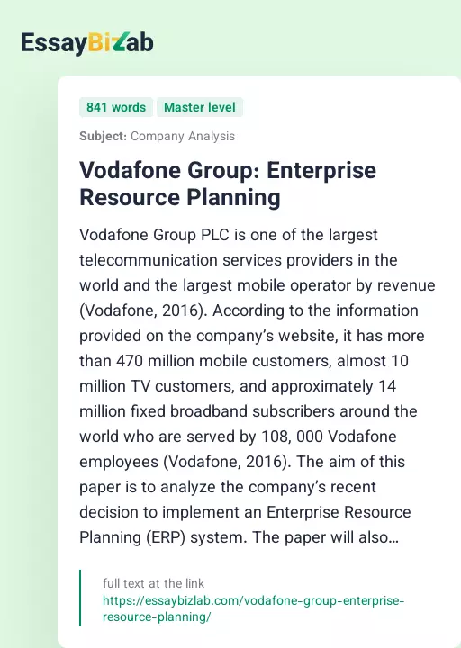 Vodafone Group: Enterprise Resource Planning - Essay Preview