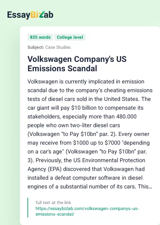 Volkswagen Company's US Emissions Scandal - Essay Preview