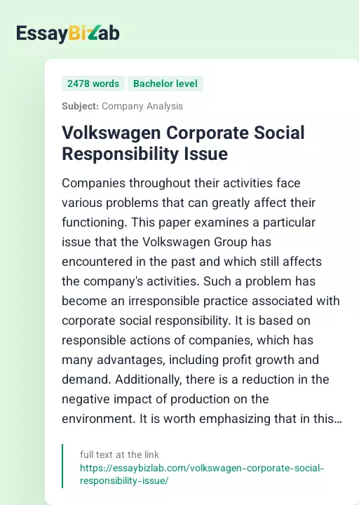 Volkswagen Corporate Social Responsibility Issue - Essay Preview