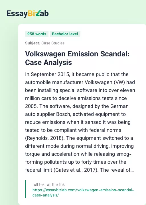 Volkswagen Emission Scandal: Case Analysis - Essay Preview