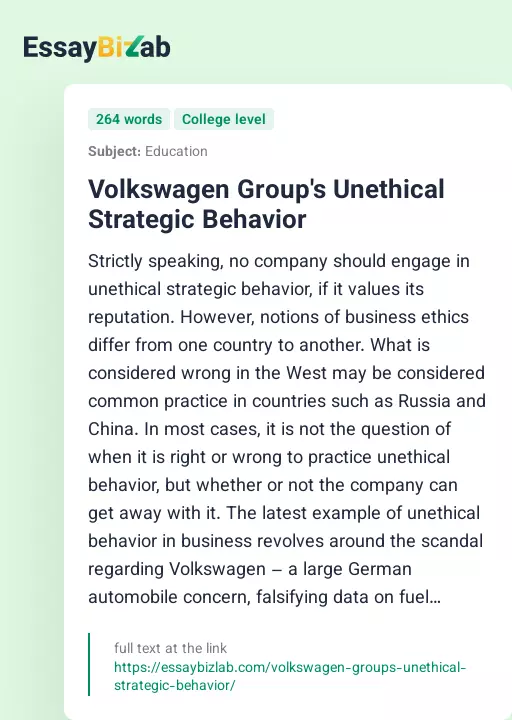Volkswagen Group's Unethical Strategic Behavior - Essay Preview