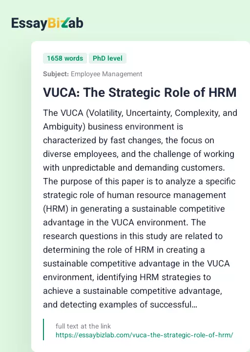 VUCA: The Strategic Role of HRM - Essay Preview