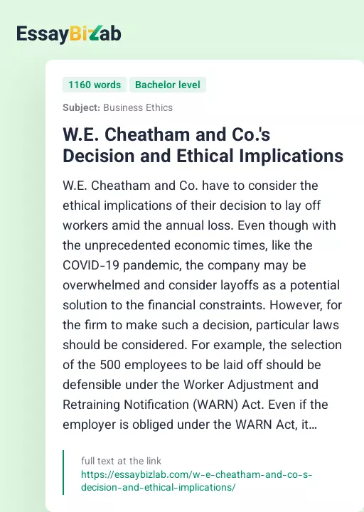 W.E. Cheatham and Co.'s Decision and Ethical Implications - Essay Preview