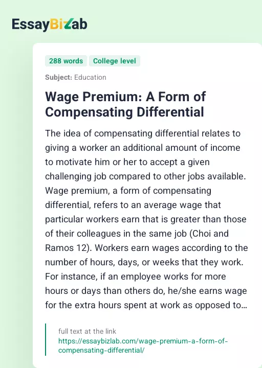 Wage Premium: A Form of Compensating Differential - Essay Preview