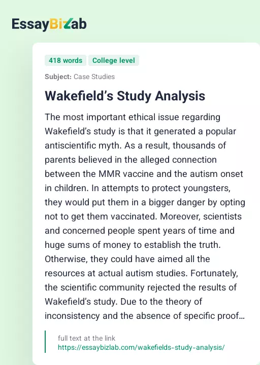 Wakefield’s Study Analysis - Essay Preview
