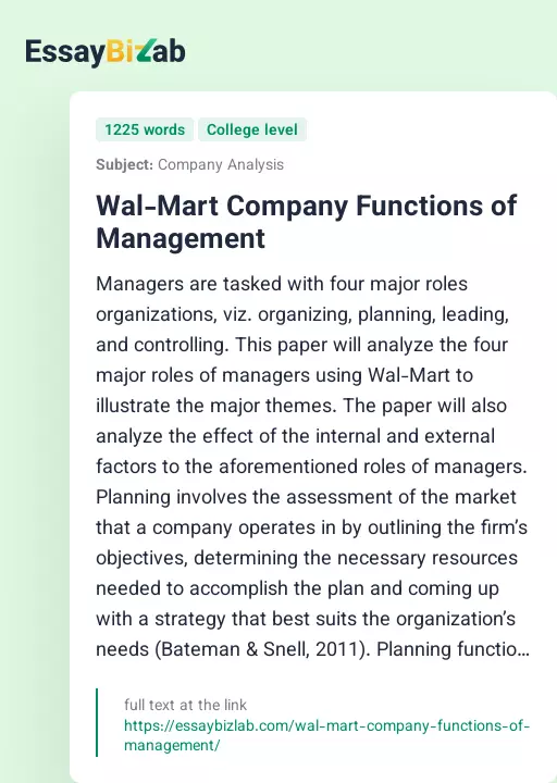 Wal-Mart Company Functions of Management - Essay Preview