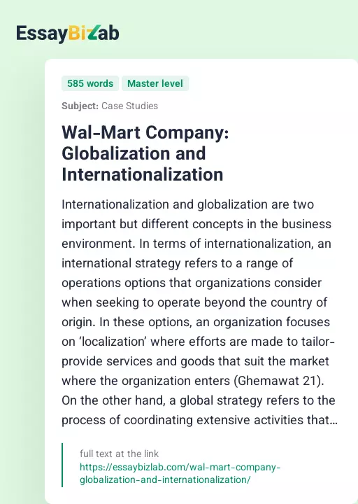 Wal-Mart Company: Globalization and Internationalization - Essay Preview