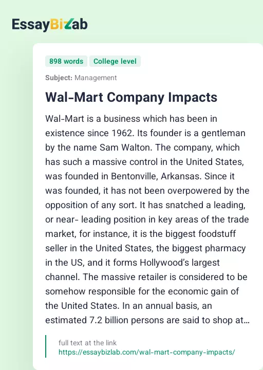 Wal-Mart Company Impacts - Essay Preview