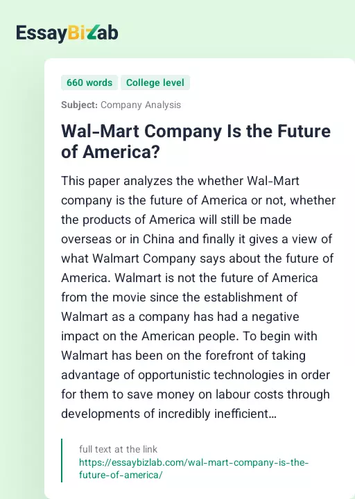 Wal-Mart Company Is the Future of America? - Essay Preview