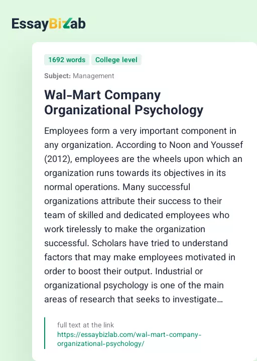 Wal-Mart Company Organizational Psychology - Essay Preview