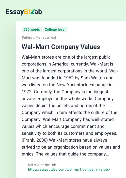 Wal-Mart Company Values - Essay Preview