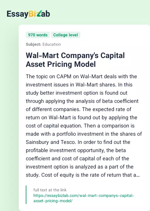 Wal-Mart Company's Capital Asset Pricing Model - Essay Preview
