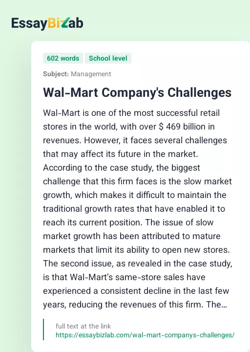 Wal-Mart Company's Challenges - Essay Preview