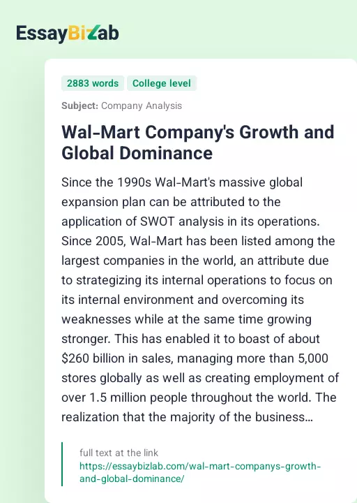 Wal-Mart Company's Growth and Global Dominance - Essay Preview