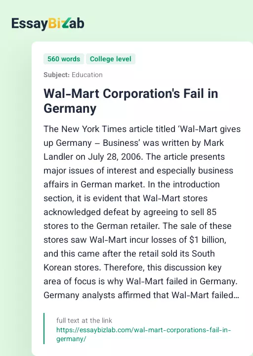 Wal-Mart Corporation's Fail in Germany - Essay Preview