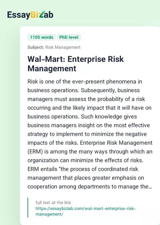 Wal-Mart: Enterprise Risk Management - Essay Preview