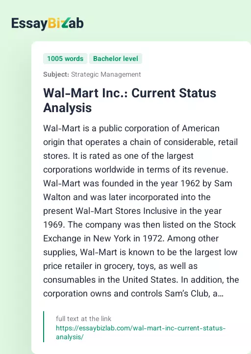 Wal-Mart Inc.: Current Status Analysis - Essay Preview