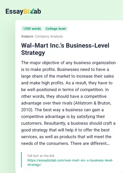 Wal-Mart Inc.'s Business-Level Strategy - Essay Preview