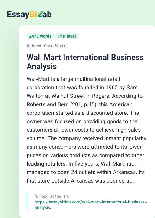 Wal-Mart International Business Analysis - Essay Preview