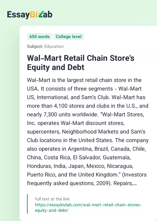 Wal-Mart Retail Chain Store's Equity and Debt - Essay Preview