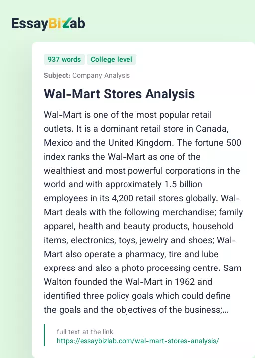 Wal-Mart Stores Analysis - Essay Preview