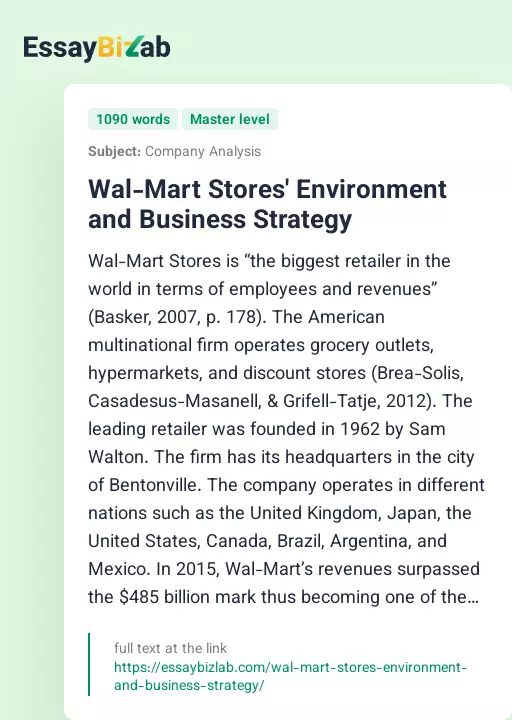 Wal-Mart Stores' Environment and Business Strategy - Essay Preview