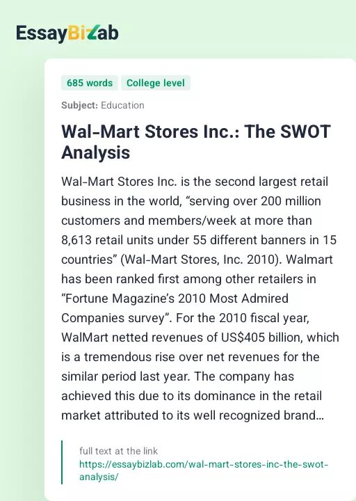 Wal-Mart Stores Inc.: The SWOT Analysis - Essay Preview