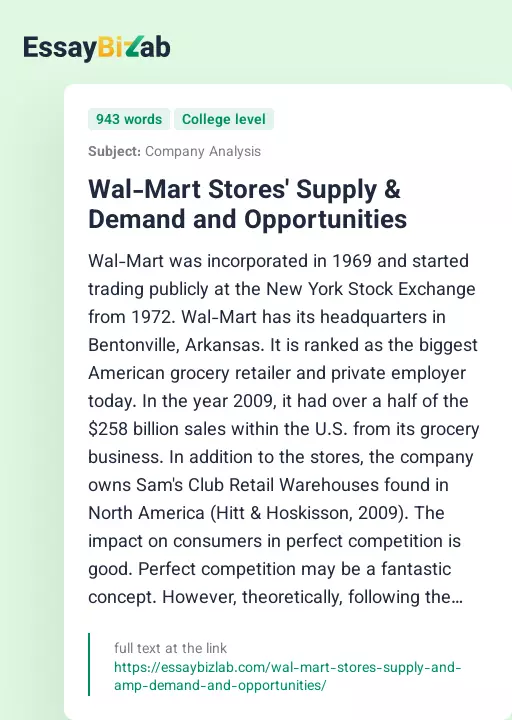 Wal-Mart Stores' Supply & Demand and Opportunities - Essay Preview