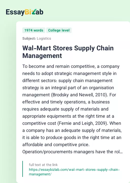 Wal-Mart Stores Supply Chain Management - Essay Preview