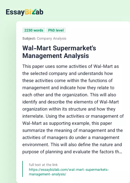 Wal-Mart Supermarket's Management Analysis - Essay Preview