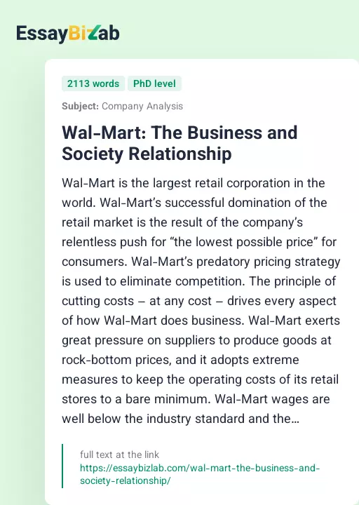Wal-Mart: The Business and Society Relationship - Essay Preview