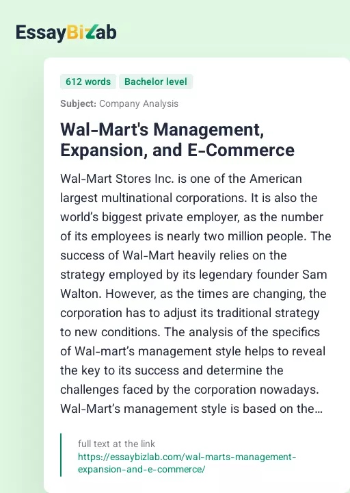 Wal-Mart's Management, Expansion, and E-Commerce - Essay Preview