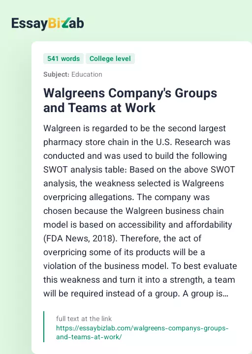 Walgreens Company's Groups and Teams at Work - Essay Preview
