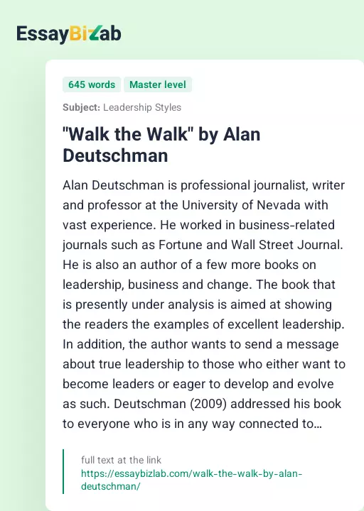 "Walk the Walk" by Alan Deutschman - Essay Preview