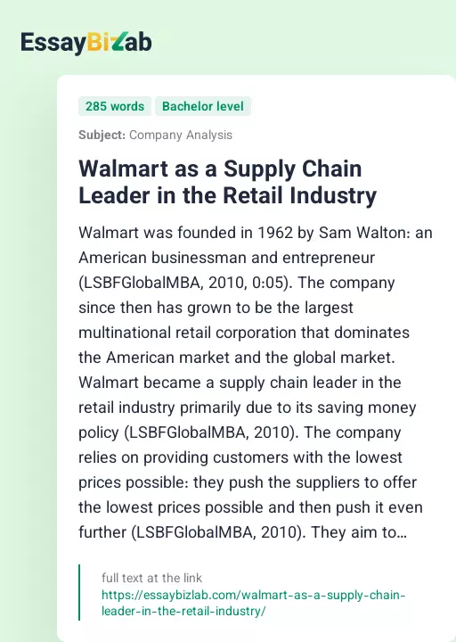Walmart as a Supply Chain Leader in the Retail Industry - Essay Preview