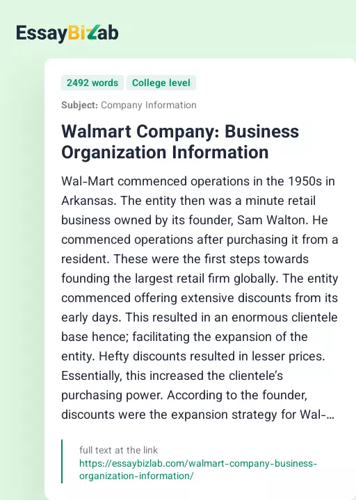 Walmart Company: Business Organization Information - Essay Preview
